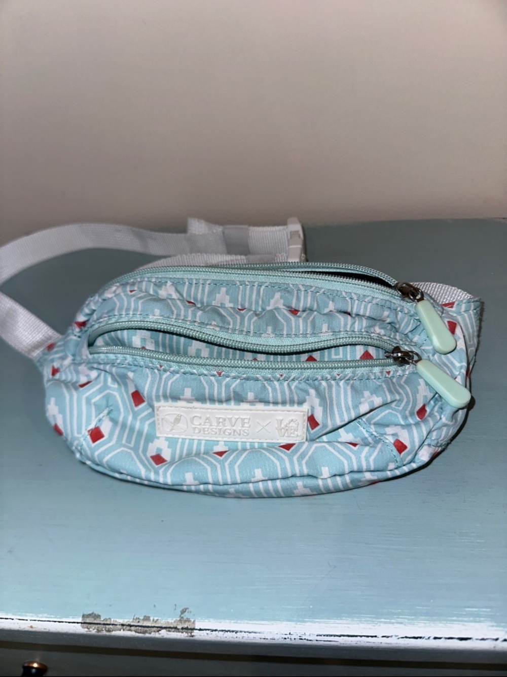 Carve Designs Aqua Geo Print Waist Pack with Red Accents